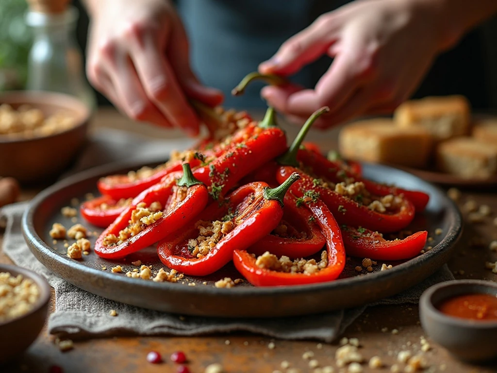 Preparing roasted peppers and walnuts for muhammara