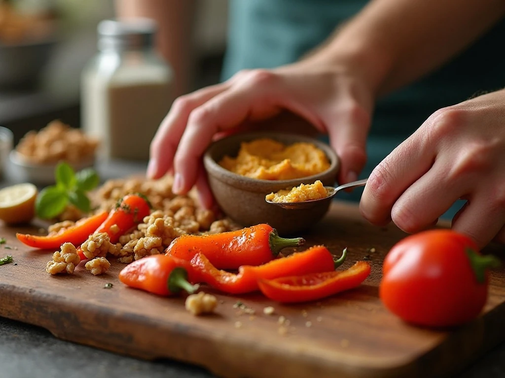 Drained roasted peppers and toasted walnuts for textured muhammara