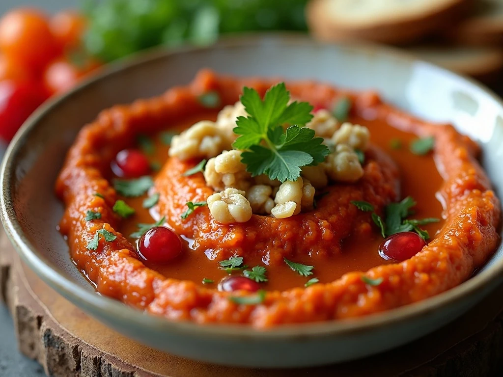 Muhammara garnished with walnuts, parsley, olive oil, and pomegranate molasses