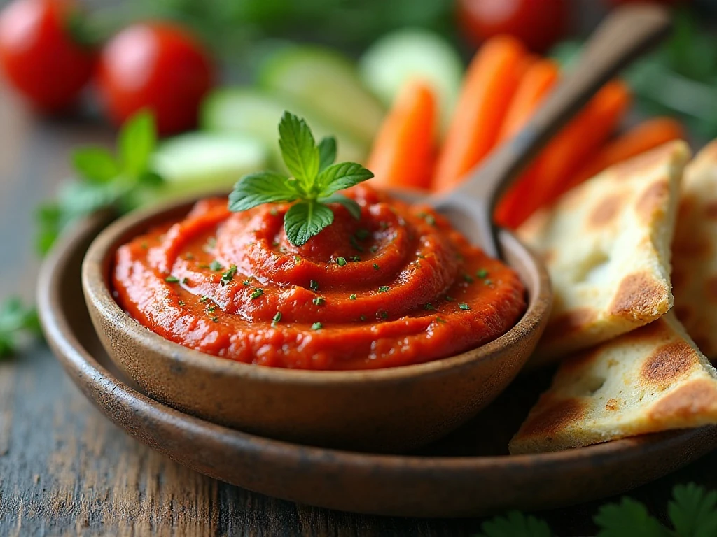 Homemade roasted red pepper dip ready to serve