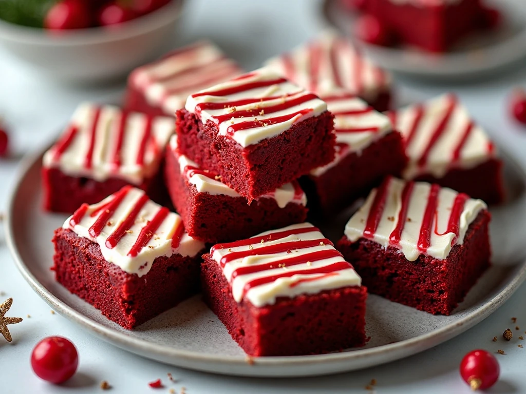 Platter of red velvet brownies with cream cheese drizzle
