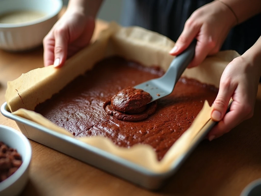 Red velvet brownie batter spread in a baking pan