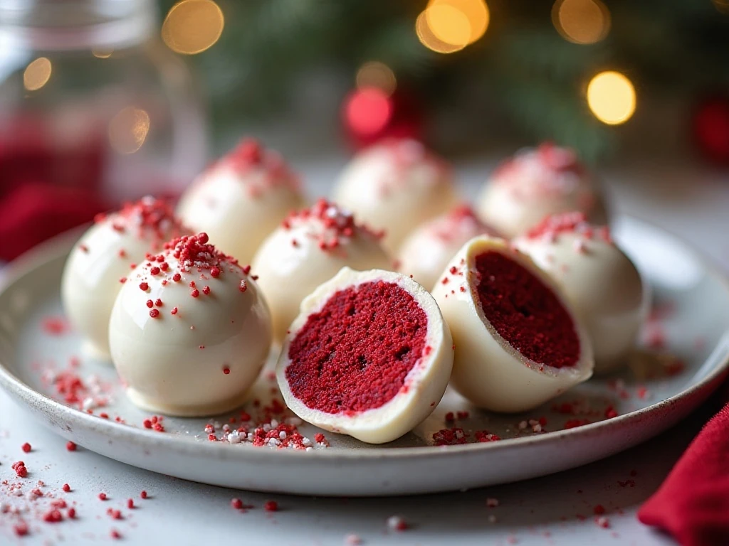 White-coated boozy red velvet cake balls arranged on a serving platter