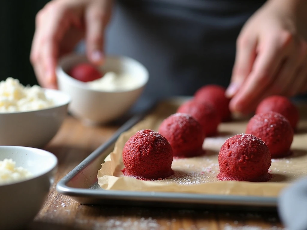 Shaped red velvet cake balls ready for chilling and dipping