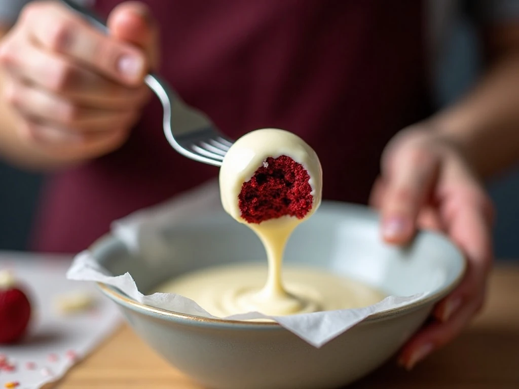 Red velvet cake ball being dipped in white coating