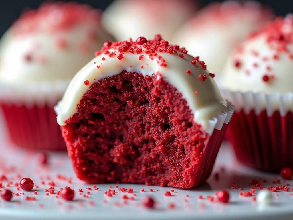 Close-up of sprinkled red velvet cake balls in mini liners