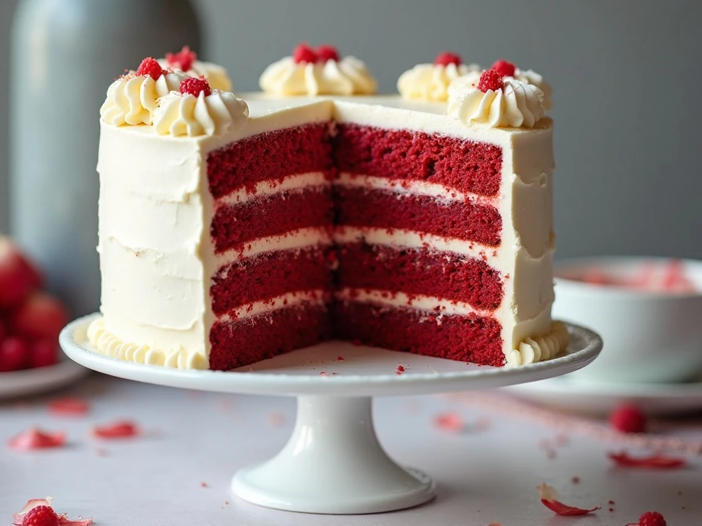 Three-layer red velvet cake with cream cheese frosting and a visible slice