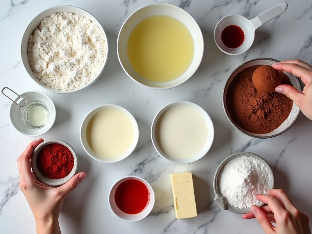 Ingredients for homemade red velvet cake and cream cheese frosting