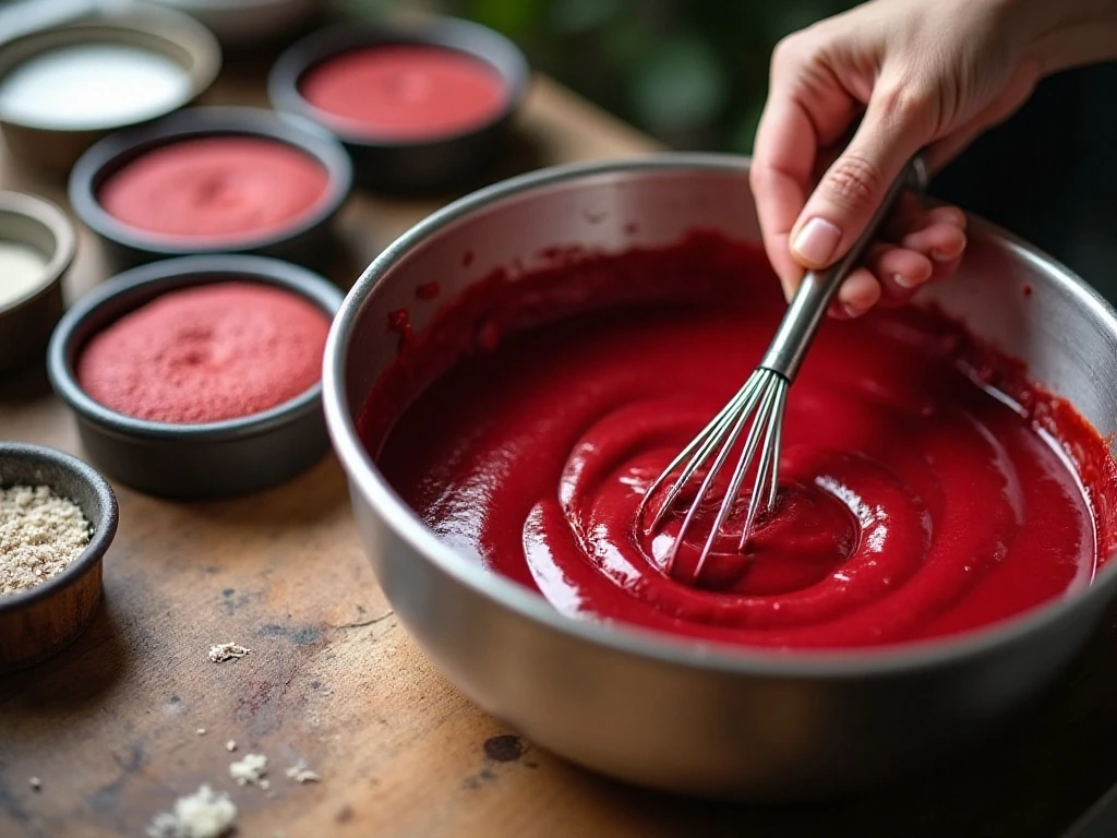 Red velvet cake batter being mixed before baking