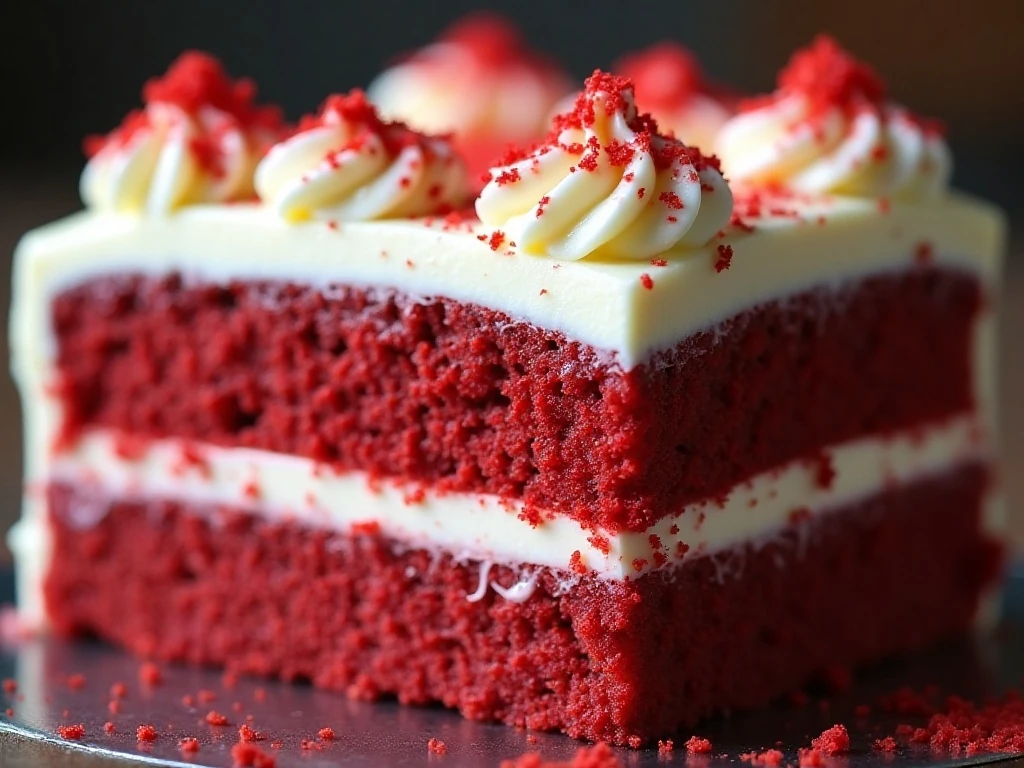 Close-up slice of red velvet cake with frosting and red crumbs