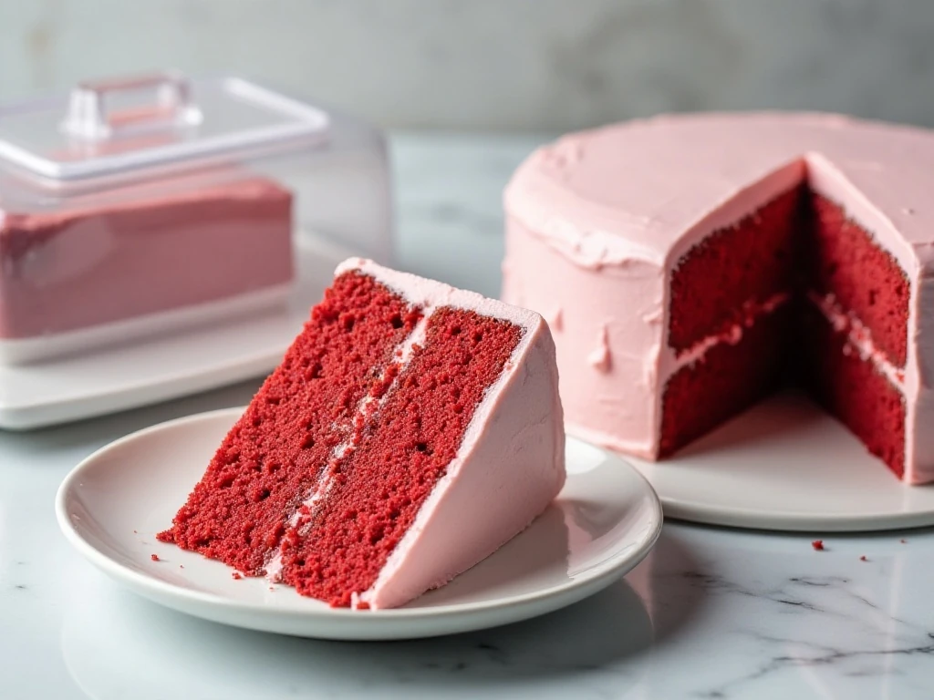 Chilled red velvet cake slices ready to serve