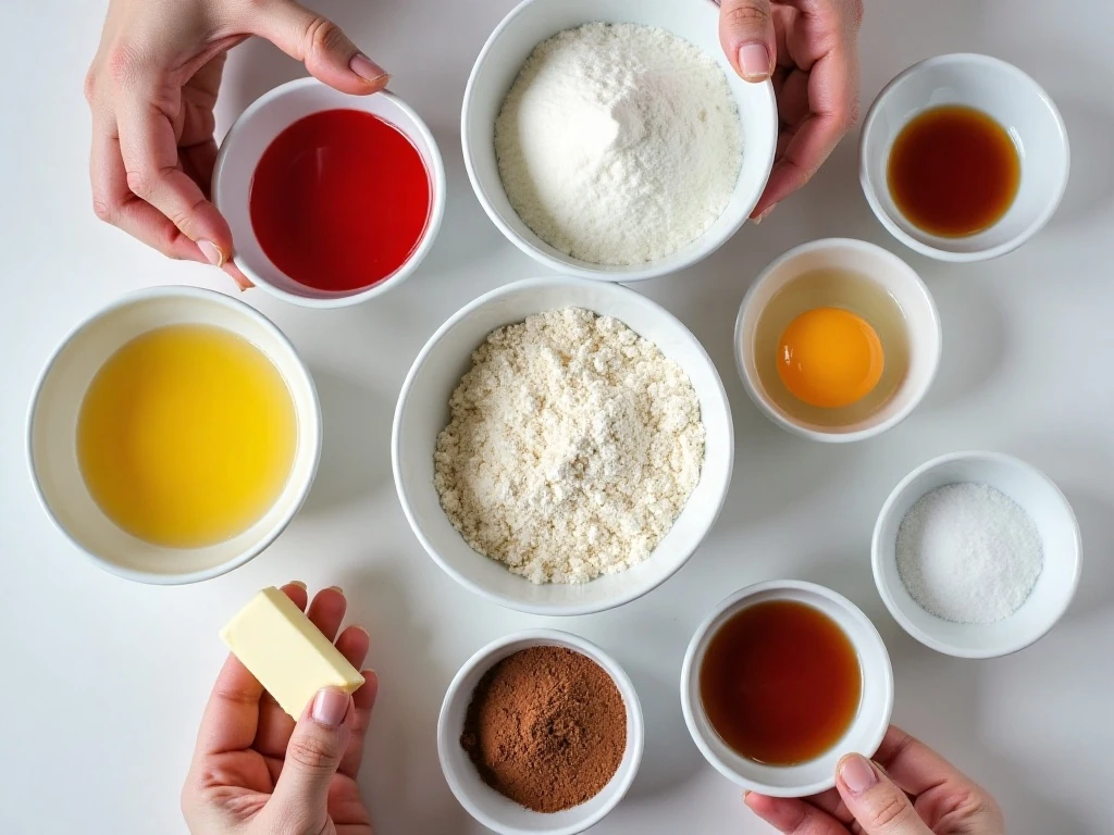 Measured ingredients for fudgy red velvet cheesecake brownies
