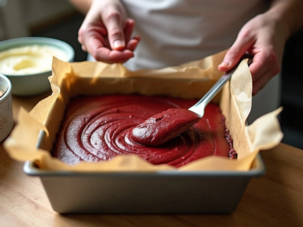 Spreading brownie batter in a parchment-lined square pan