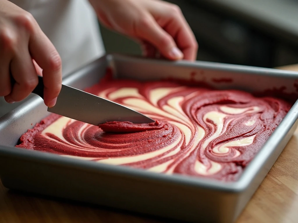 Creating a marbled cheesecake swirl on red velvet brownie batter
