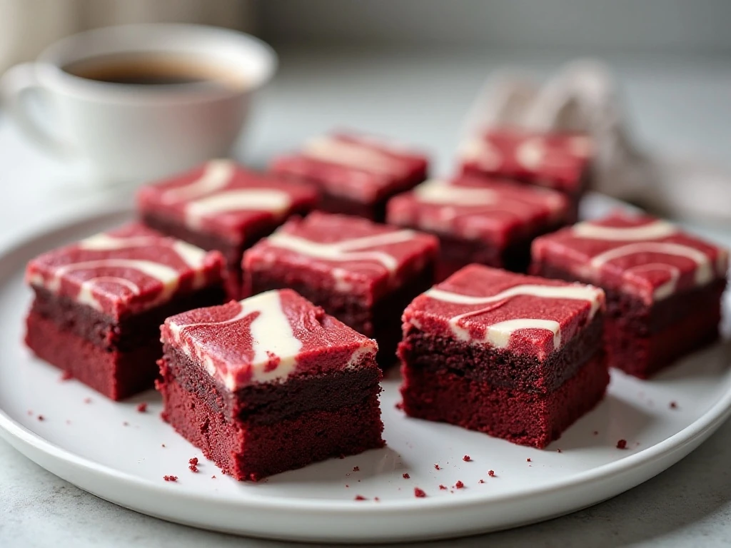 Platter of marbled red velvet cheesecake brownies