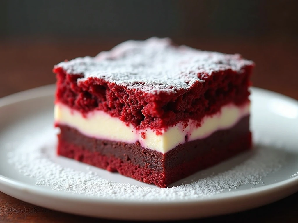 Close-up of a fudgy red velvet cheesecake brownie