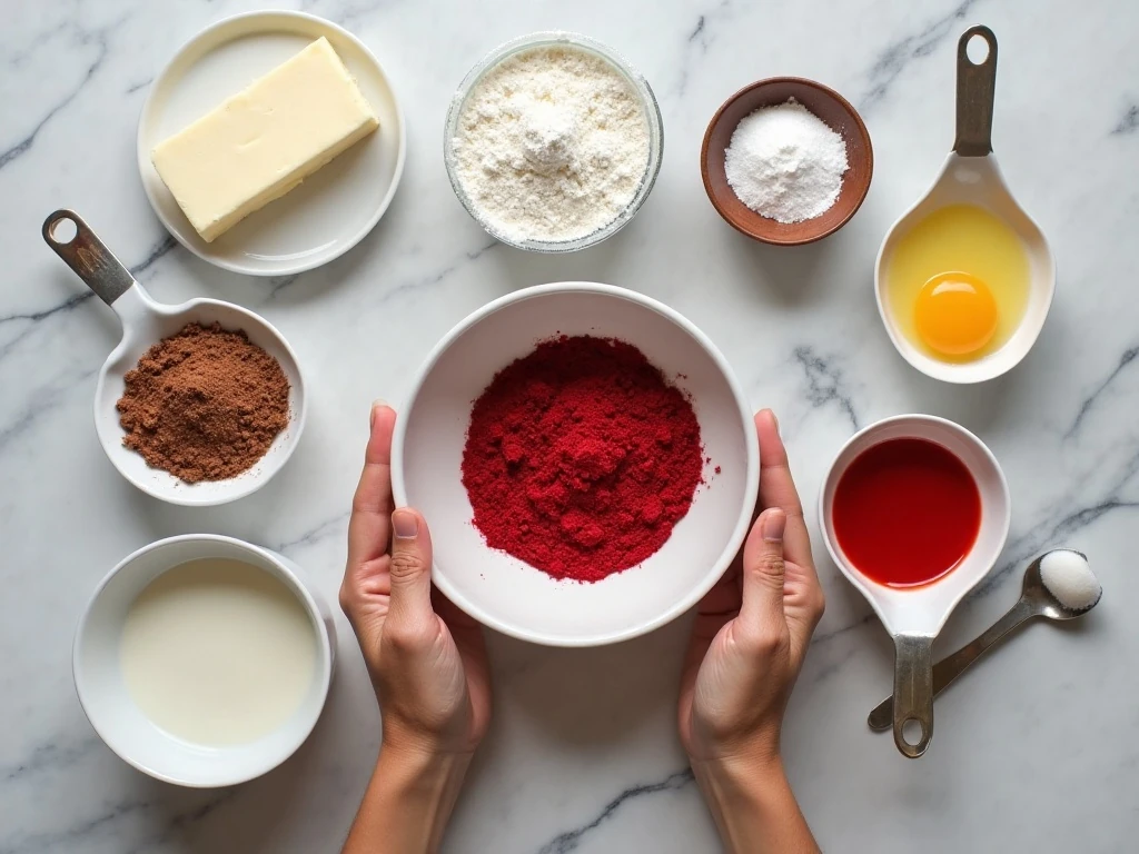Ingredients for red velvet cheesecake cake arranged for baking