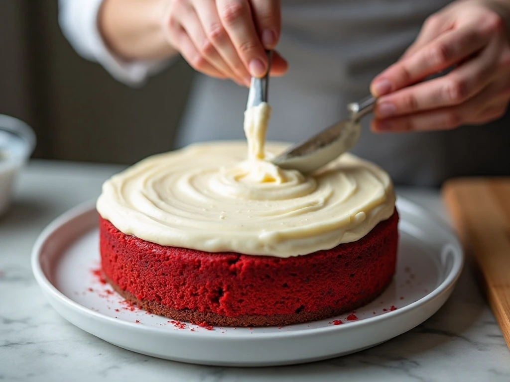 Frosting a red velvet cheesecake cake during assembly