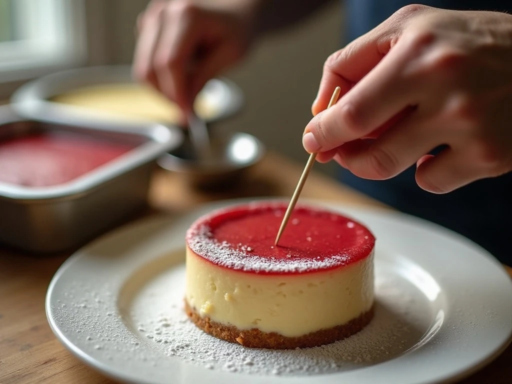 Testing a red velvet cake layer for moist crumbs