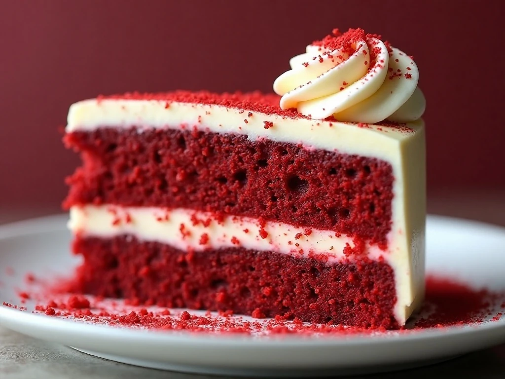 Close-up slice of red velvet cheesecake cake with crumb garnish