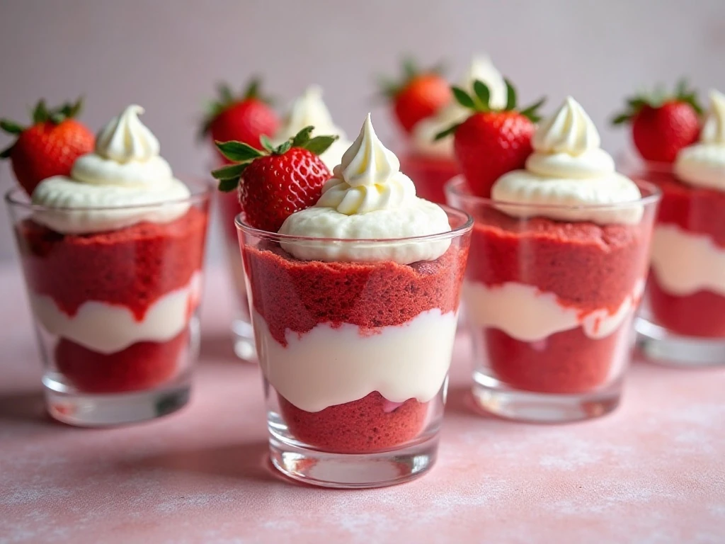 Six red velvet cookie and strawberry parfaits in clear glasses