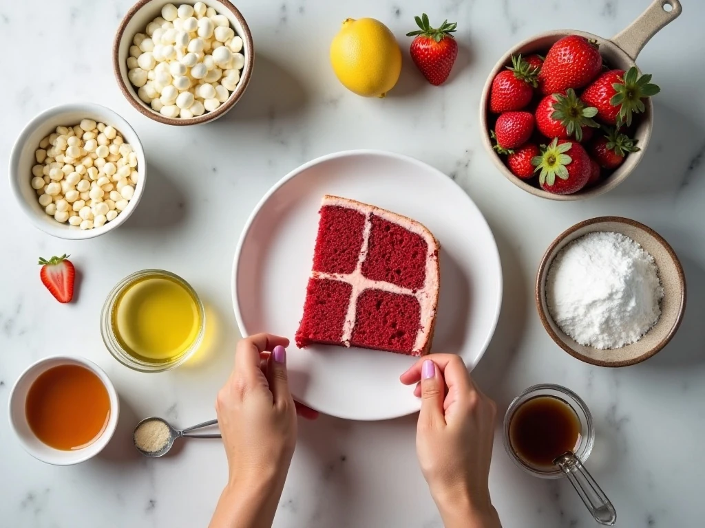 Ingredients for red velvet cookie and strawberry parfaits