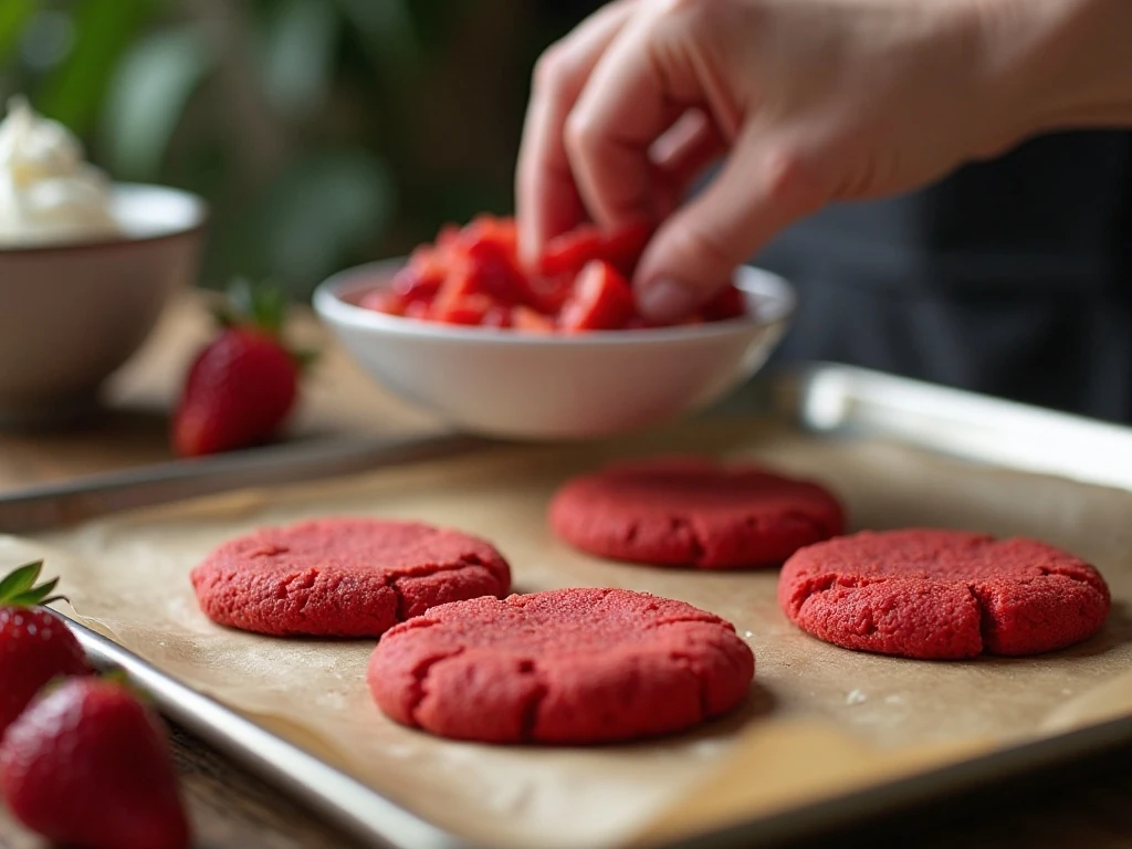 Fresh red velvet cookies, strawberries, and whipped cream prepared for parfait assembly