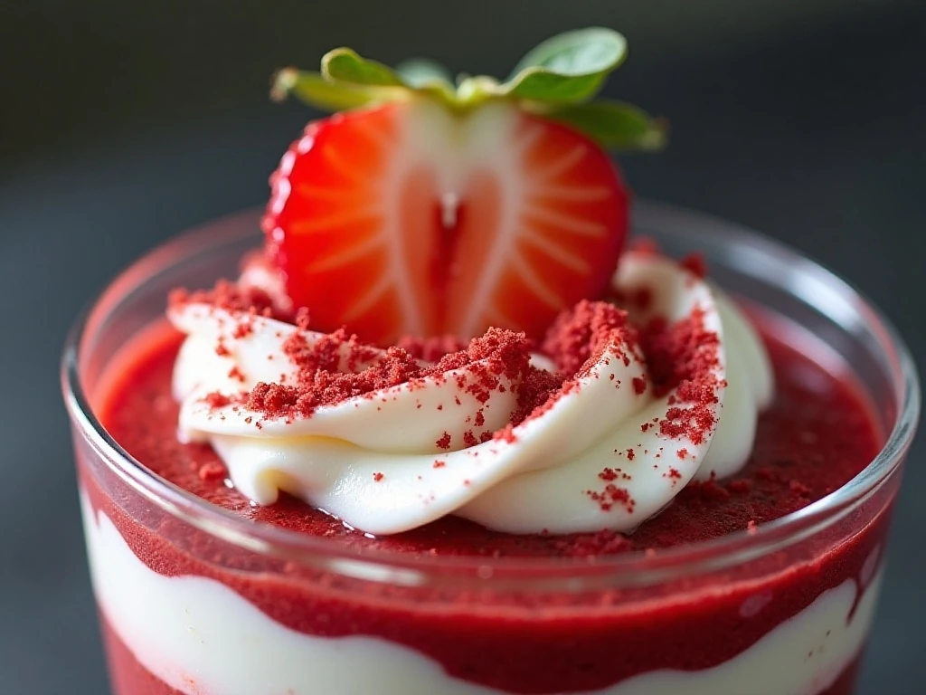 Strawberry and cookie crumb garnish on a red velvet parfait