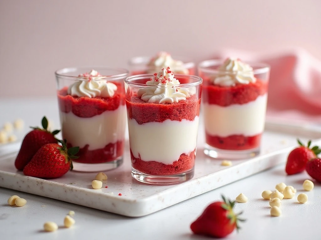 Elegant presentation of individual red velvet strawberry parfaits
