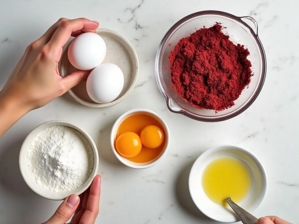 Ingredients for easy red velvet crinkle cookies arranged on a countertop