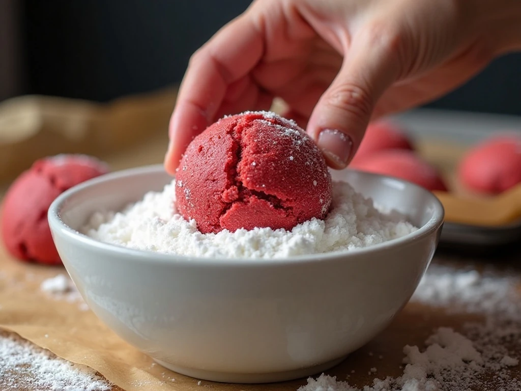 Rolling red velvet cookie dough in powdered sugar before baking