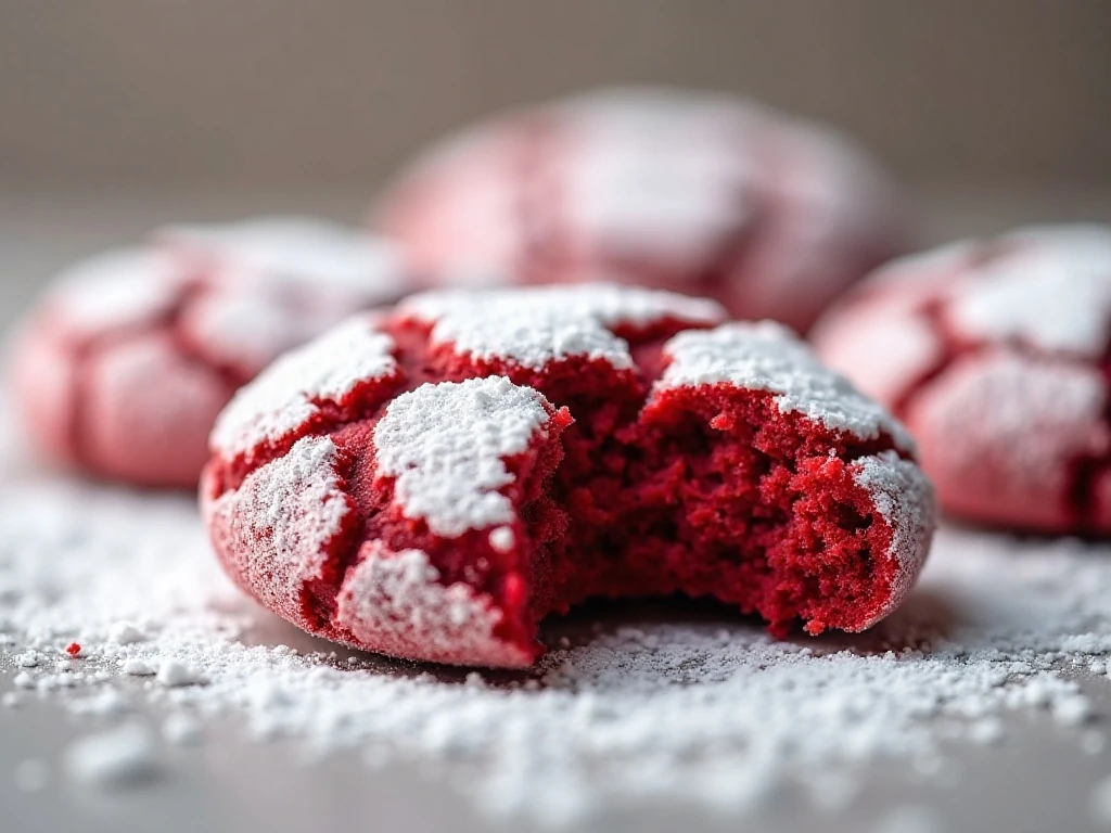 Close-up of powdered sugar coating on red velvet crinkle cookie dough