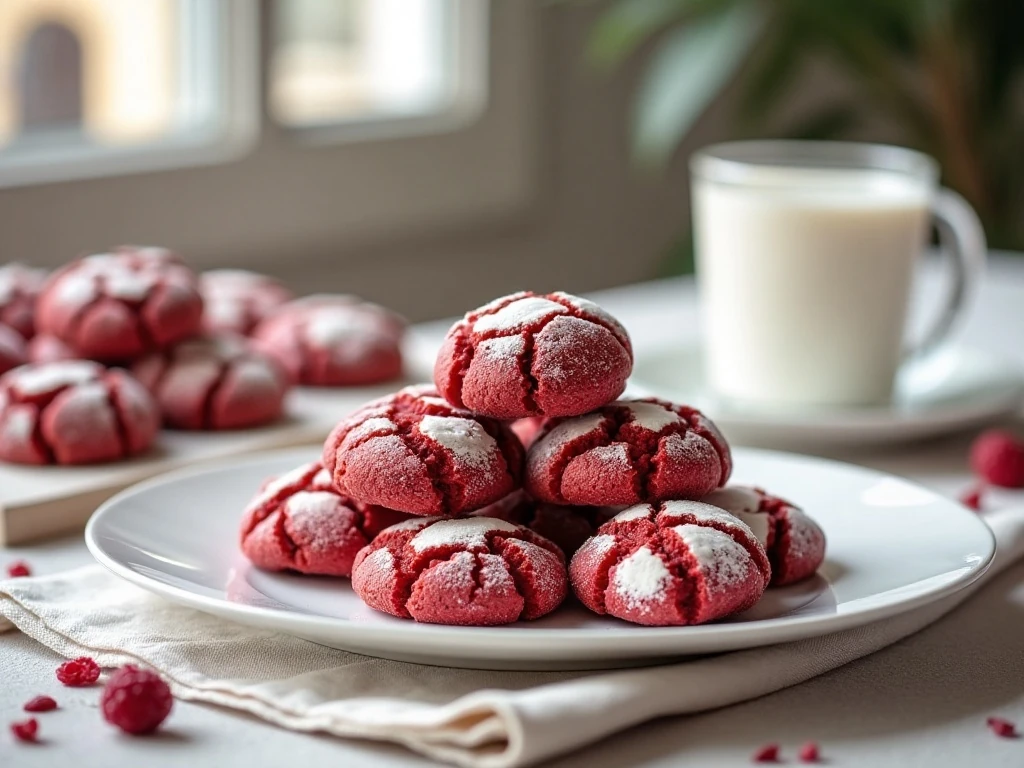 Red velvet crinkle cookies served with coffee and milk