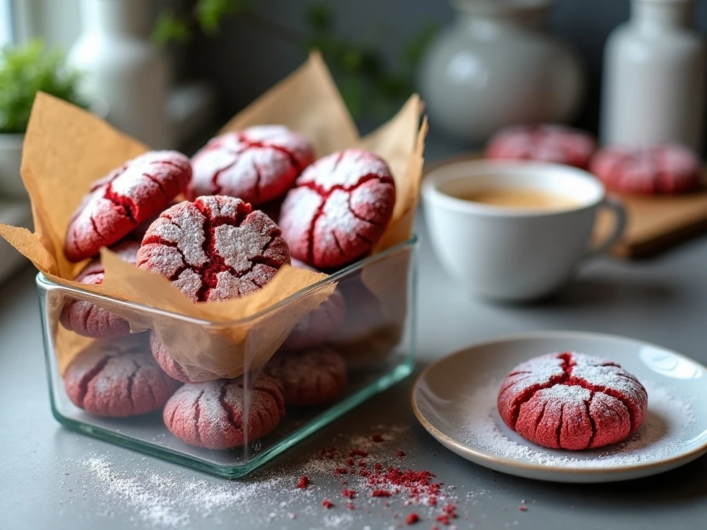 Red velvet crinkle cookies stored in an airtight container