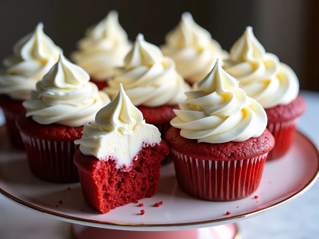 Finished red velvet cupcakes with cream cheese frosting