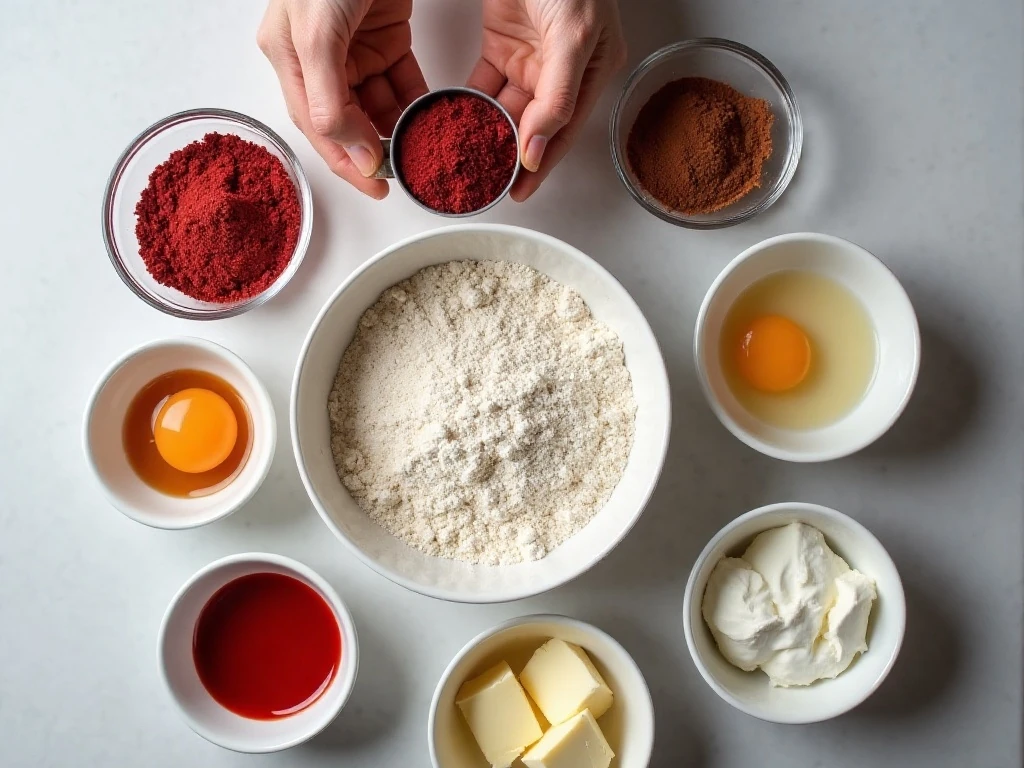 Ingredients for easy red velvet cupcakes and cream cheese frosting