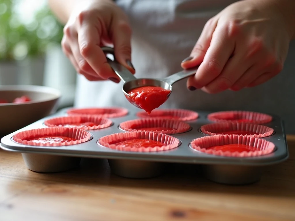 Red velvet cupcake batter portioned into paper liners