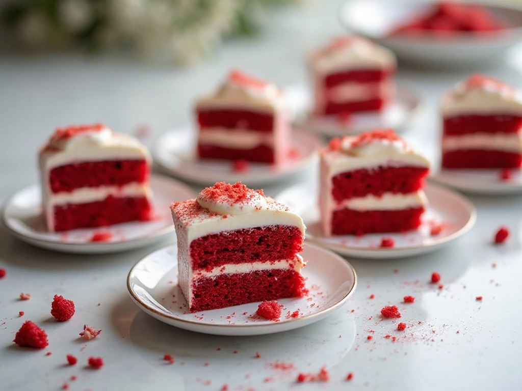 Six mini red velvet layer cakes with cream cheese frosting
