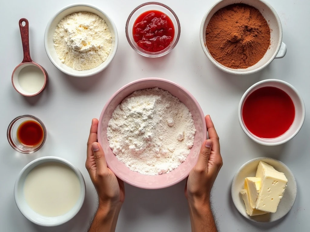 Ingredients for mini red velvet layer cakes and cream cheese frosting