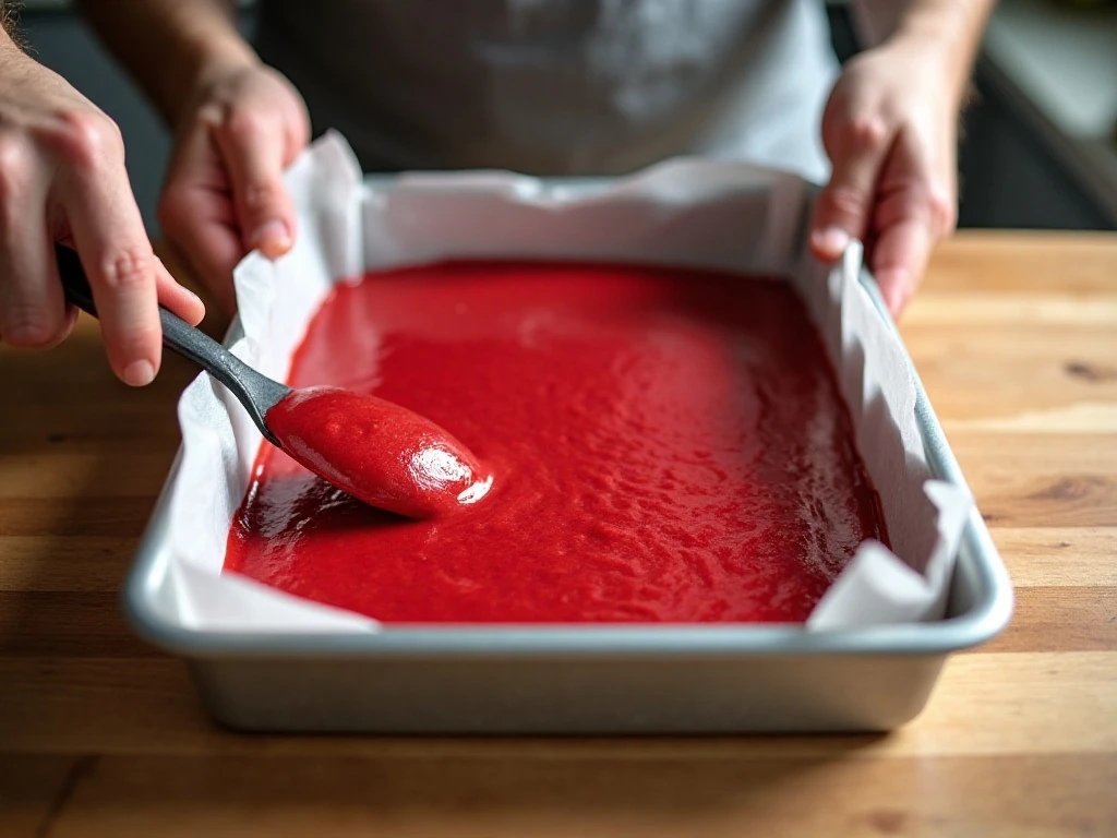 Red velvet batter being spread in a lined baking pan
