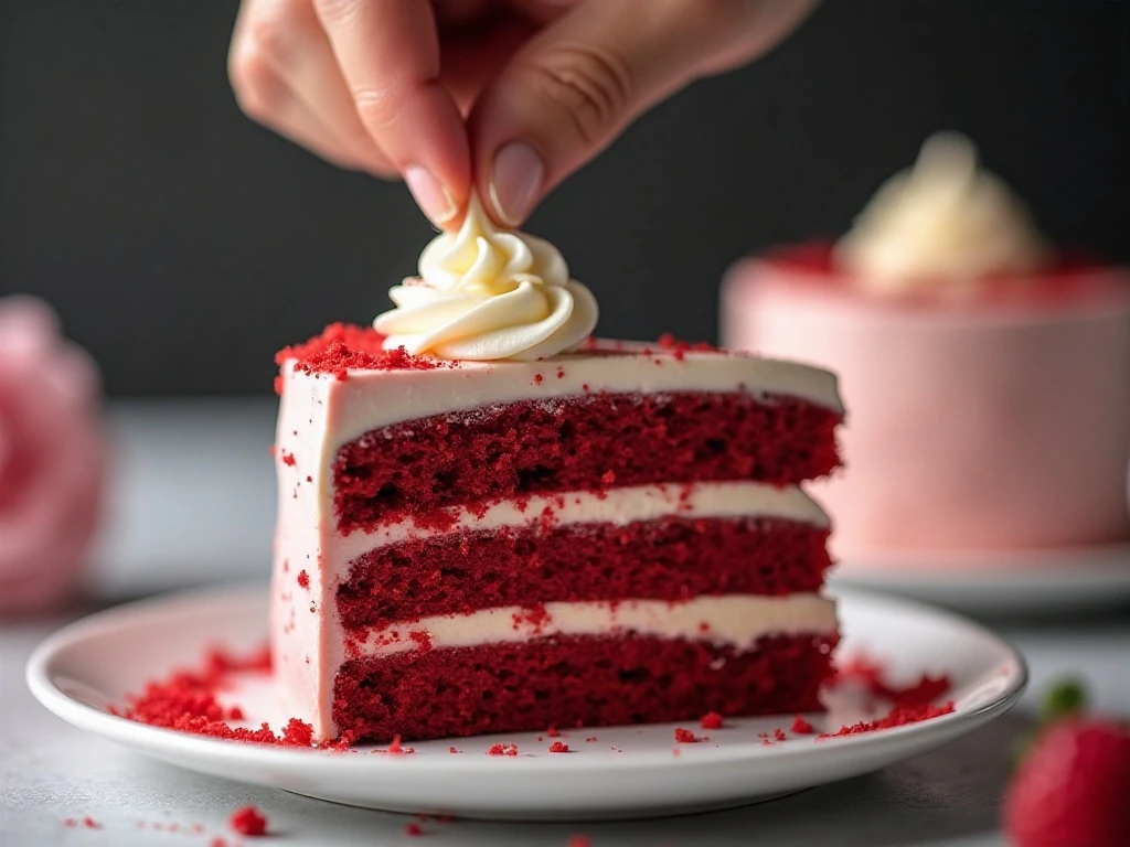 Decorated mini red velvet cake with cream cheese frosting and crumbs