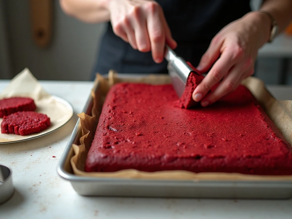 Chilled red velvet sheet cake being cut into round layers