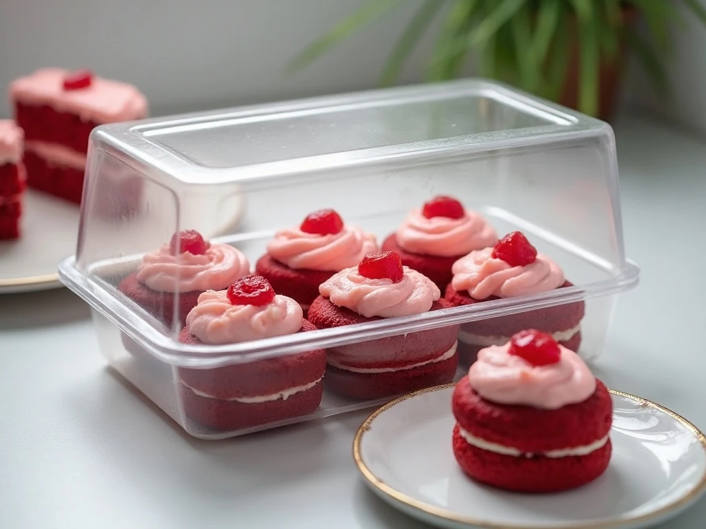 Mini red velvet layer cakes prepared for refrigerated storage