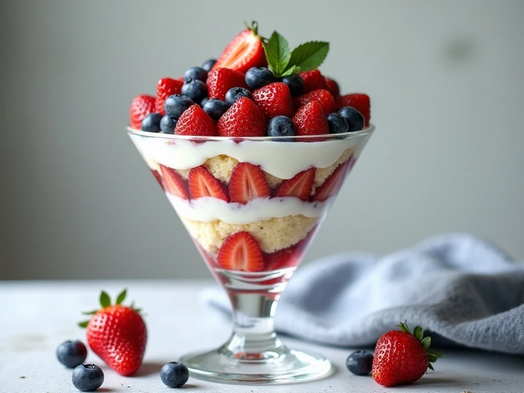 Red, white, and blue berry trifle in a glass bowl