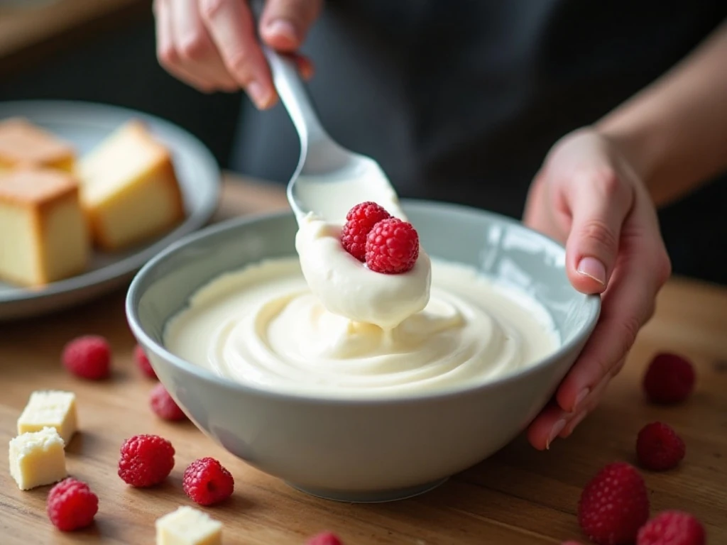 Folding whipped cream into the cream-cheese trifle filling