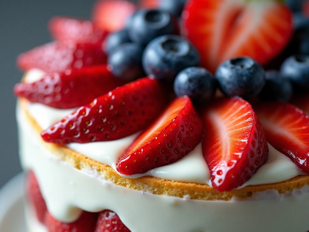Berry garnish on top of a red, white, and blue trifle