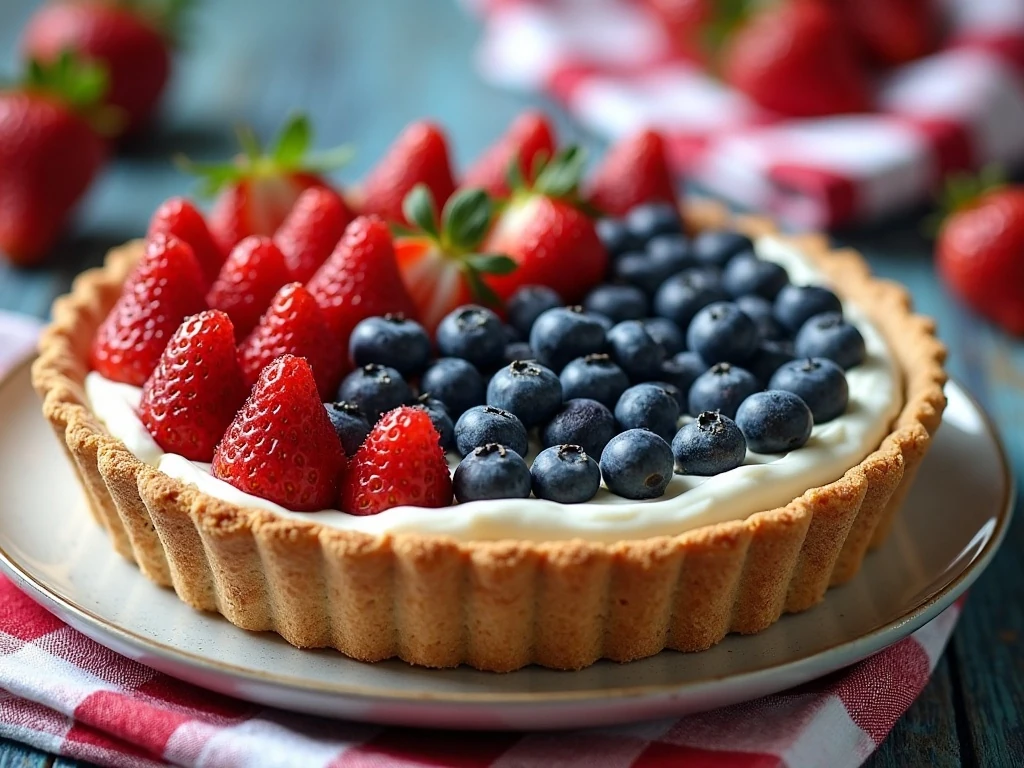 Whole red, white, and blueberry pie ready for a summer celebration