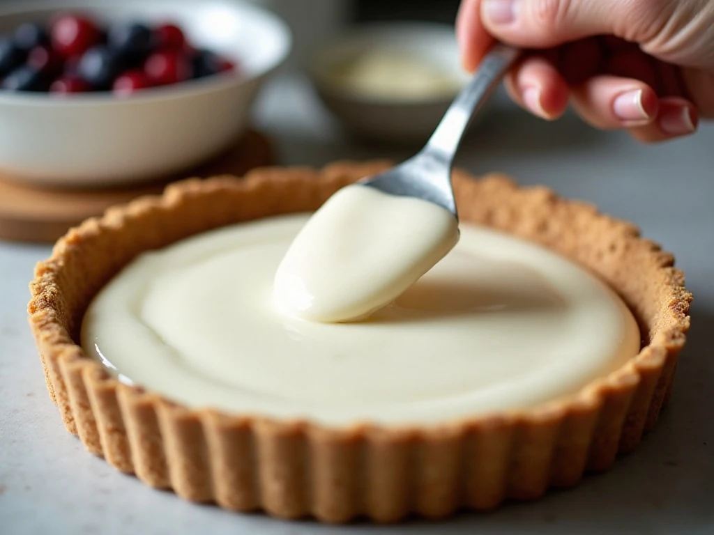 Creamy filling being spread into a graham-cracker crust