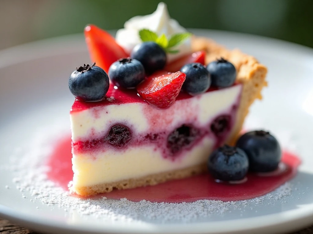 Chilled slice of red, white, and blueberry pie with whipped cream