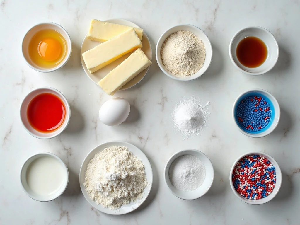 Ingredients for red, white, and blue sugar cookies